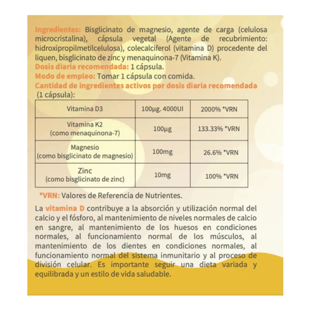 Vitamina D3 Complex Vegana. 4000 UI D3+Mg+K2+Zn. 90 cápsulas