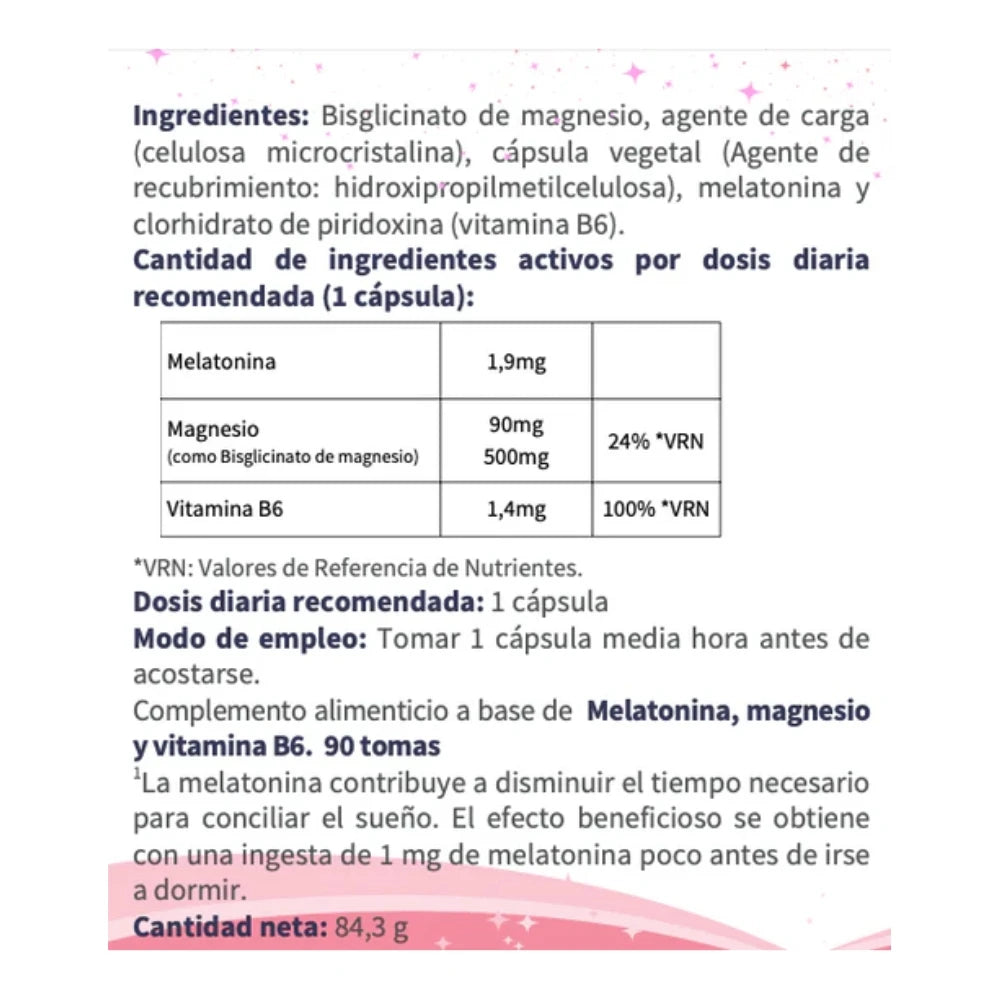 Melatonina + Magnesio + Vitamina B6. 90 cápsulas