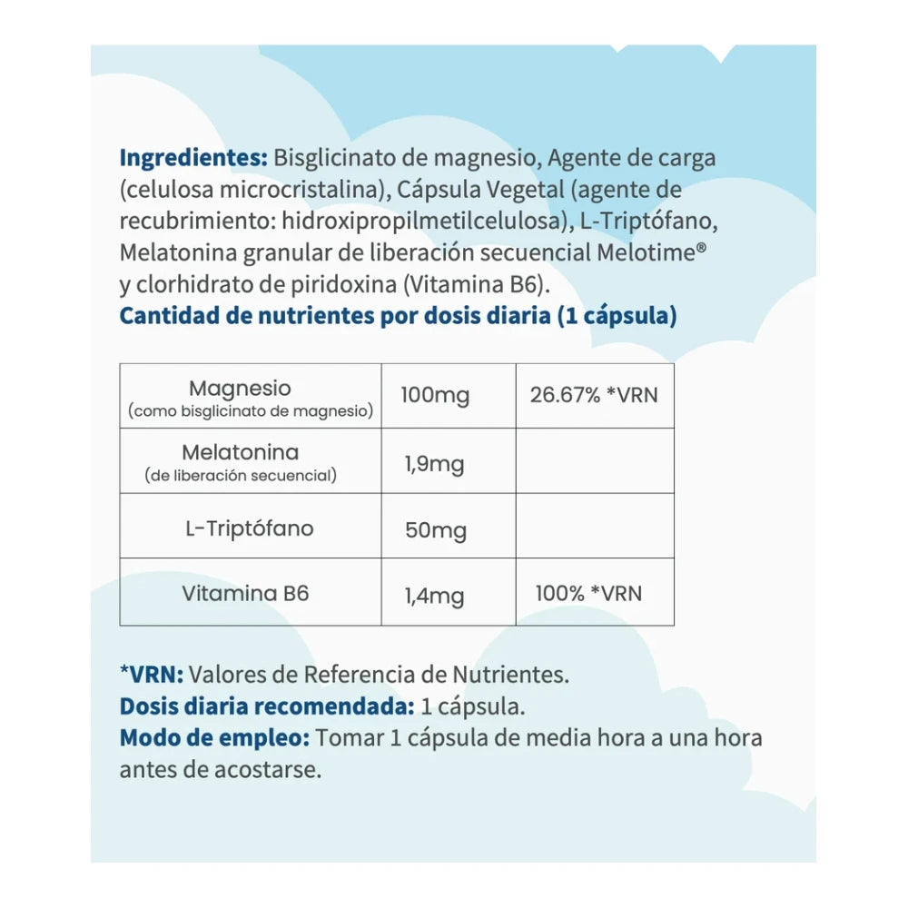 Melotime (Melatonina Liberación Prologada)+ Magnesio+ Triptófano+ B6. 90 cápsulas